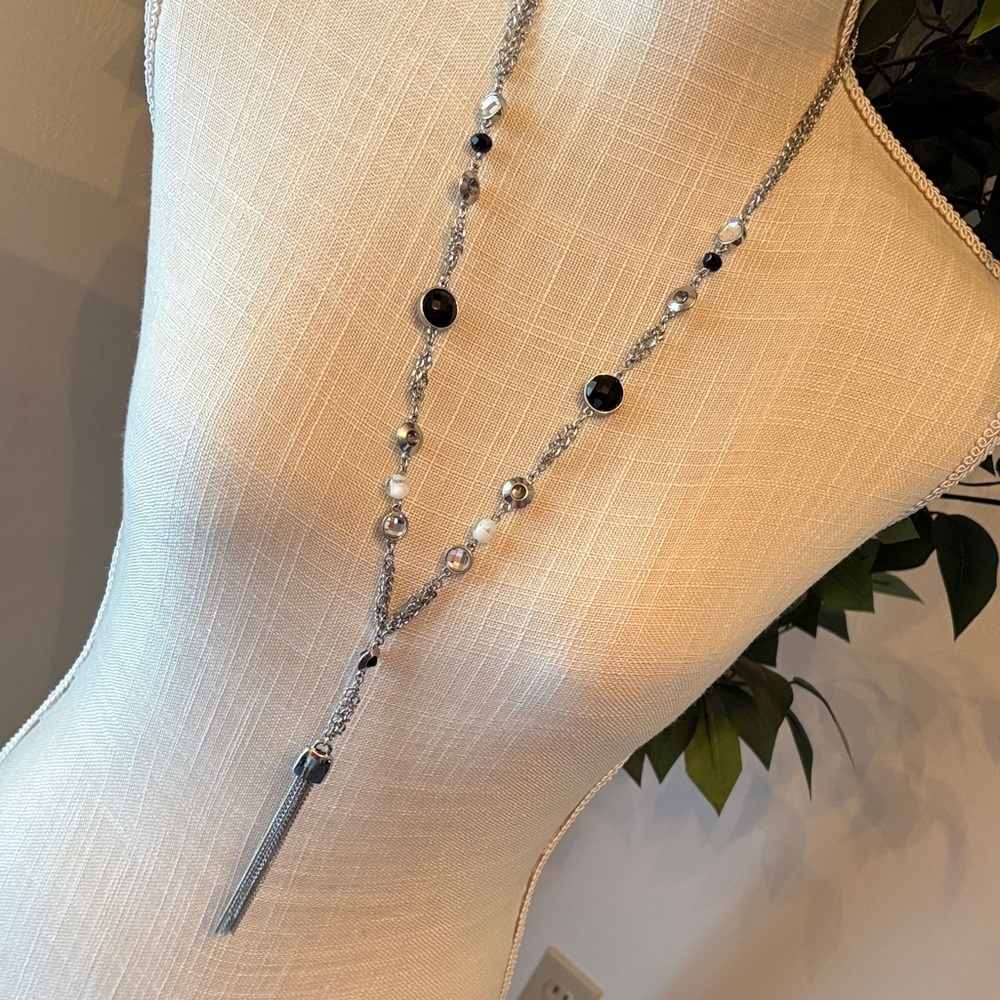 White House Black Market Silver Tone and Black Beaded Necklace